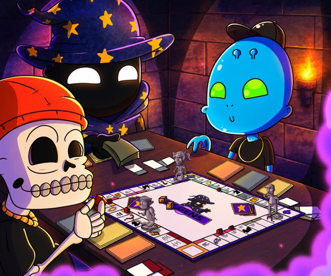 A digital illustration of a Monopoly-style board game featuring spooky characters including a skeleton, a wizard, and a blue alien gathered around the game table in a dungeon-like setting.