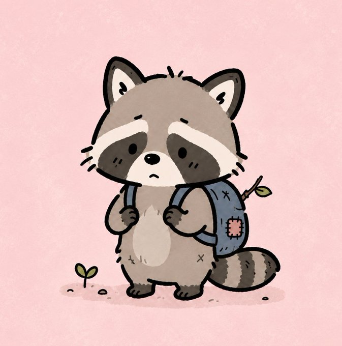 A sad, cartoon raccoon with a patched backpack stands against a soft pink background, conveying a lonely or neglected vibe that fits the rugged, underdog spirit of a new memecoin launch.