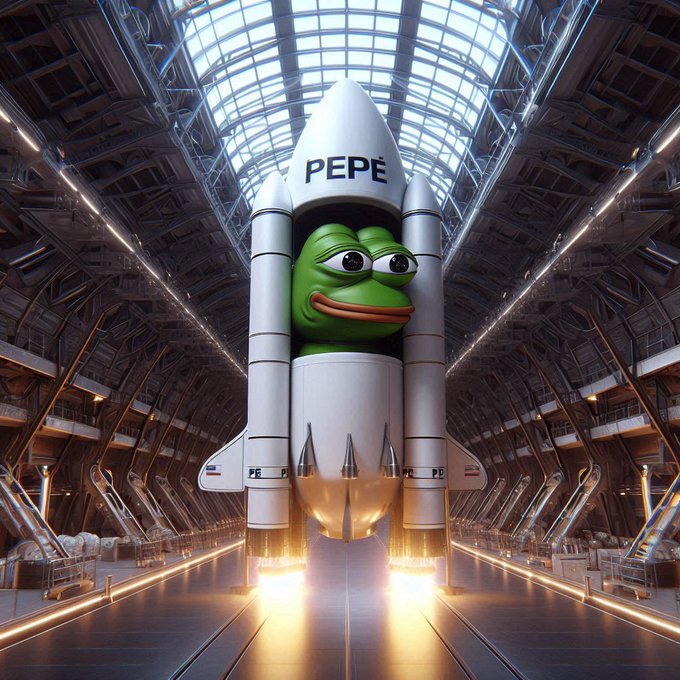 A digital artwork of the Pepe the Frog meme character riding inside a white space shuttle labeled 'PEPE', with rocket boosters igniting as it launches inside a futuristic hangar.