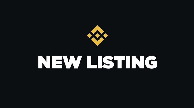 A dark background features the Binance logo above bold white text reading "NEW LISTING." This graphic accompanies the post announcing an upcoming Binance token listing and invites followers to suggest which coin should be added next.