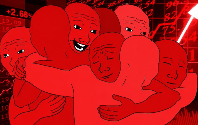 The image features a group of six red-headed men embracing each other, with one man's face partially obscured by another man's arm. The background includes a graph or chart that appears to be related to finance or stock market trends. The caption on the image reads "Its over guys. It was and honor and a pleasure knowing you all."