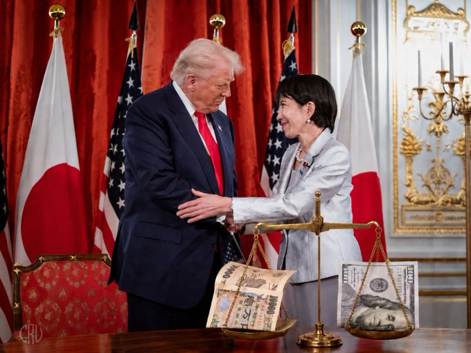U.S. President Donald Trump shakes hands with Japanese high representative Sanae Takaichi beside a symbolic scale balancing Japanese yen and U.S. dollar banknotes, visually illustrating the post's message about coordinated U.S.-Japan intervention to support the yen as a political rescue of fiat currencies that Bitcoin's fixed supply renders unnecessary.