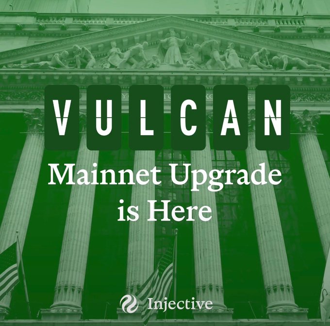The image features a green building with columns and a dome, which serves as an advertisement for Injective's mainnet upgrade. The text "Vulcan Mainnet Upgrade is Here" is written above the building, indicating that the mainnet upgrade has been implemented and is now available to users. The image also includes a comparison of the median gas fees on the mainnet before and after the upgrade, showing how efficient the network has become in terms of cost.