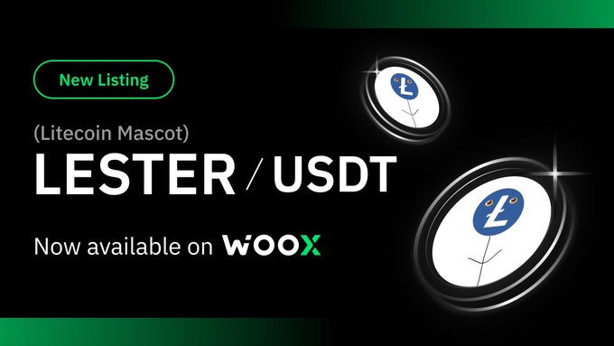 A promotional banner announces the "New Listing" of the Litecoin Mascot meme coin "LESTER/USDT" on the WooX exchange, featuring the Lester bird character on coin-style graphics—tied to the post's mention of rebuilding history around the $LESTER deployer.