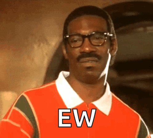 The image features a man wearing an orange shirt with glasses, standing against a brown background. The caption of the image reads "EW", which could be interpreted as either "Ew" being written in black or "ew" being written in red.