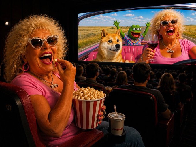 A cinematic scene of a woman with curly blonde hair, heart-shaped sunglasses, and a pink 'MOMS' shirt eating popcorn in a movie theater, while the screen shows Kermit the Frog and a Shiba Inu dog in a car.