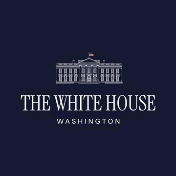 An official seal or logo on a dark navy background features a line illustration of the White House building with the text "THE WHITE HOUSE" and "WASHINGTON" underneath.