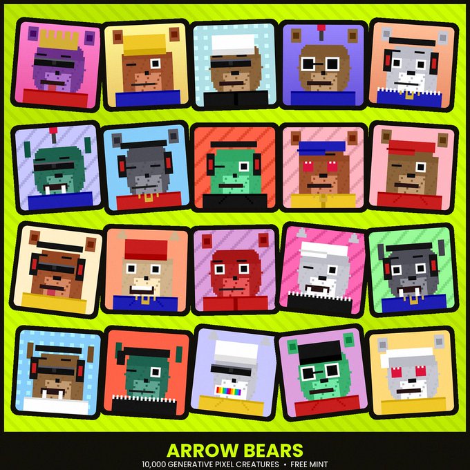 A grid of twenty pixel-art bear characters in various colors and hats on a green background, with the text 'ARROW BEARS' and '10,000 GENERATIVE PIXEL CREATURES • FREE MINT' below.