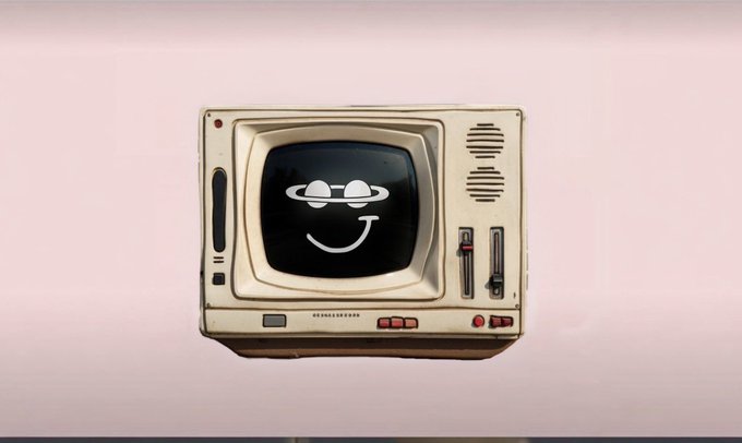 A retro-style illustration of a vintage cream-colored television set displaying a glowing smiley face wearing sunglasses on its dark screen.