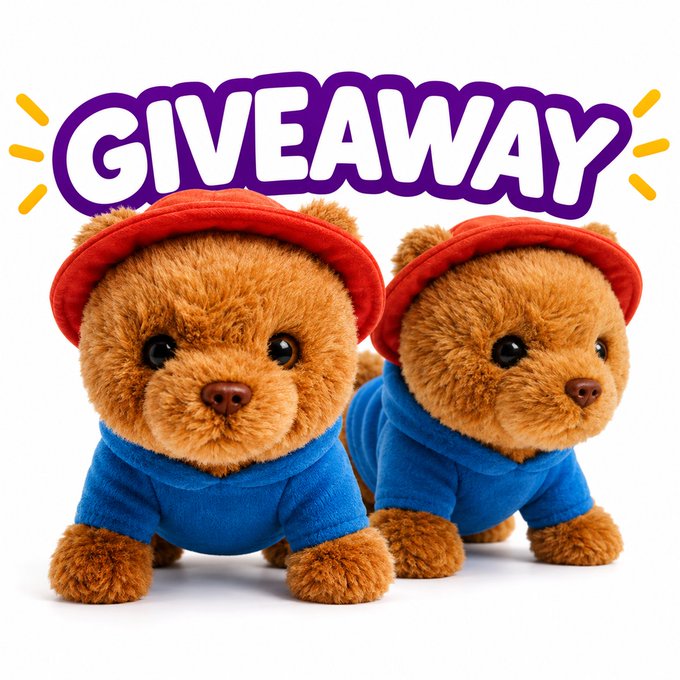 The image features two adorable brown teddy bear plushies wearing red hats and blue hoodies, with the bold "GIVEAWAY" text above them. The plushies resemble the Bert mascot from the post, promoting a birthday giveaway contest offering two of these plushies as prizes.