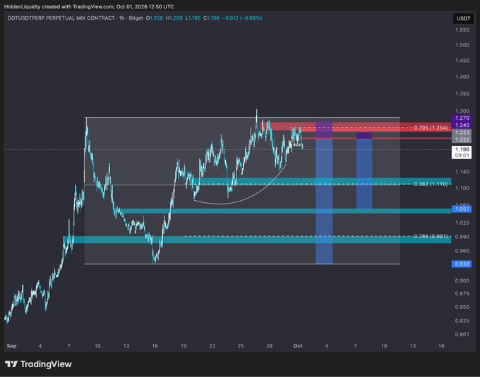 A TradingView chart of the 'DOTUSDTPERP PERPETUAL MIX CONTRACT' showing a 1-hour timeframe with candlestick price action, Fibonacci retracement levels (1.061, 1.140, 1.196), and projection zones (0.933, 1.224, 1.240) marked on the price chart dated October 1, 2026.