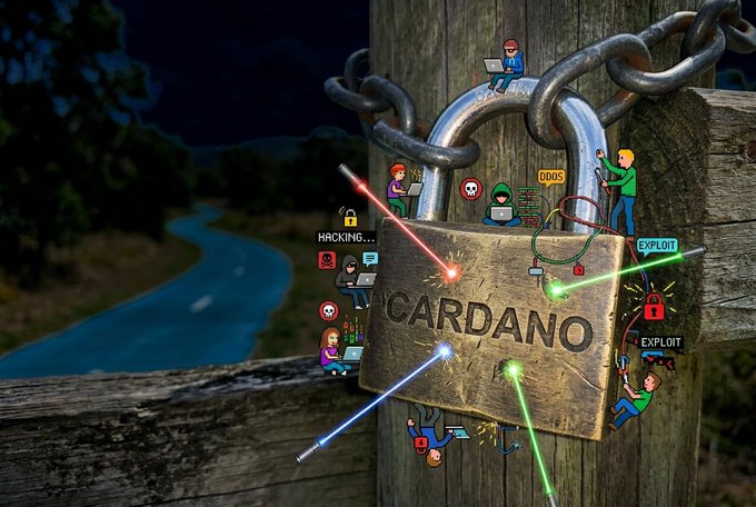 The image shows a lock with the word "Cardano" written on it, surrounded by various characters and symbols that represent different aspects of the cryptocurrency world. The lock appears to be chained to a wooden fence or pole, which adds an element of security to the scene. The image also includes text about Cardano's approach to software development, emphasizing its focus on accuracy and predictability over raw speed and hype features.