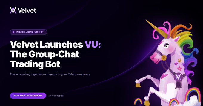 A promotional banner for Velvet announces the launch of 'VU: The Group-Chat Trading Bot' on Telegram, featuring a colorful 3D unicorn illustration on the right side.