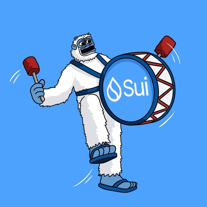 An illustration of a white yeti-like creature on a blue background, wearing sandals and holding drumsticks, with a drum featuring the "Sui" blockchain logo and water drop symbol.