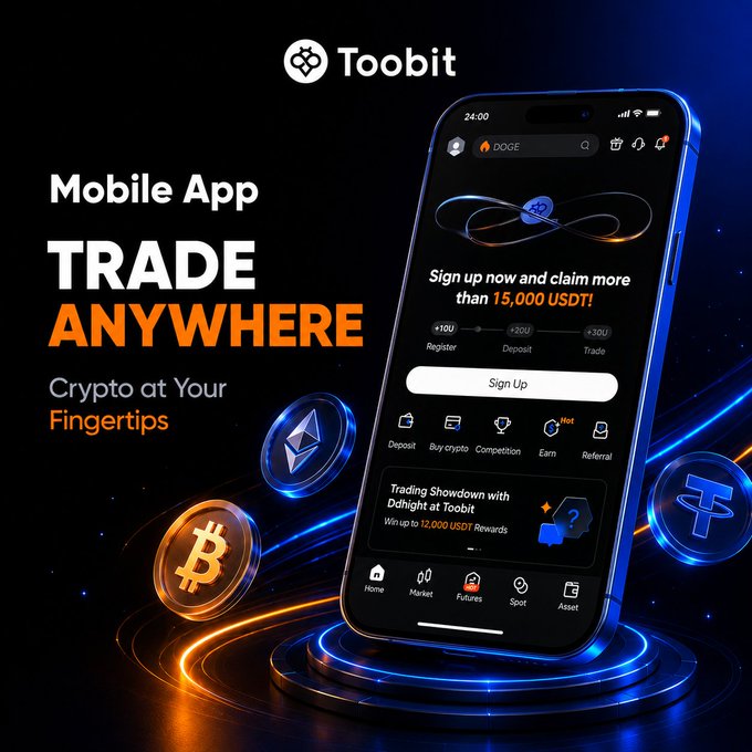 A promotional graphic for the Toobit mobile app featuring a smartphone displaying the trading interface with a "Sign up now and claim more than 15,000 USDT!" offer, alongside floating Bitcoin, Ethereum, and Tether coins. The bold tagline "Mobile App - TRADE ANYWHERE - Crypto at Your Fingertips" reinforces the post's message about trading on the go.