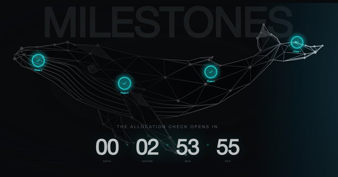 A dark promotional graphic titled 'MILESTONES' featuring a wireframe whale design with glowing blue checkmark icons ('Phase 1', 'Phase 2', 'Phase 3', 'Phase 4'), and a countdown timer reading '00 02 53 55' for 'THE ALLOCATION CHECK'.