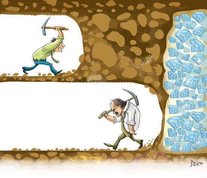 A cartoon depicts two miners tunneling through rock toward a vein of sparkling diamonds—one swinging a pickaxe vigorously, the other trudging wearily with his pick on his shoulder—illustrating the Reddit poster's exhaustion from the relentless pace of minting NFT projects on the RH chain, where early effort yielded rewards but rapid, constant launches have outpaced their ability to research, leaving them relying on luck over due diligence to protect their capital.
