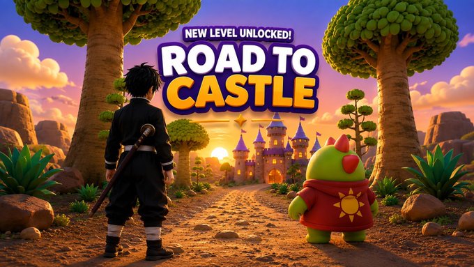A 3D-rendered game promotional image titled "NEW LEVEL UNLOCKED! ROAD TO CASTLE," showing a swordsman character looking toward a distant castle alongside a green creature in a red cloak.