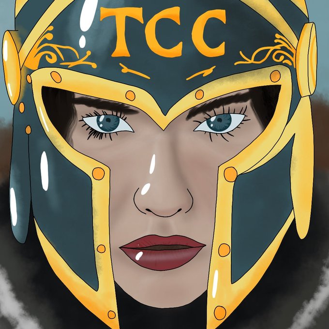 A digital illustration of a fierce female warrior wearing ornate teal and gold armor with "TCC" emblazoned on her helmet, embodying the "One community. One PFP." branding of the $TCC token as a unified profile picture for its holders.