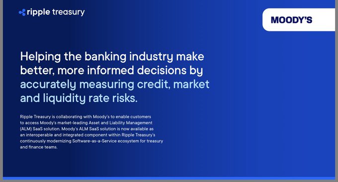 A promotional graphic from Ripple Treasury and Moody's announces their partnership to integrate Moody's ALM SaaS solution into Ripple's Treasury platform, enabling banking customers to better measure credit, market, and liquidity rate risks. The image relates to the post by highlighting how Ripple is expanding its financial infrastructure services across treasury management, complementing the broader ecosystem of modernized financial services being discussed.