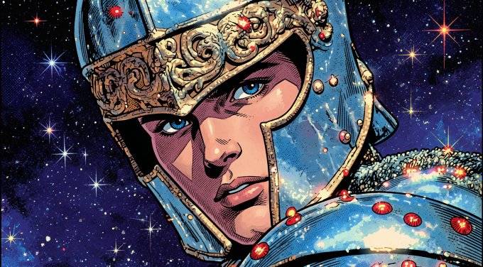 A colorful comic book-style illustration of a stern warrior wearing an ornate blue and gold helmet and armor adorned with red gems, set against a starry space background.