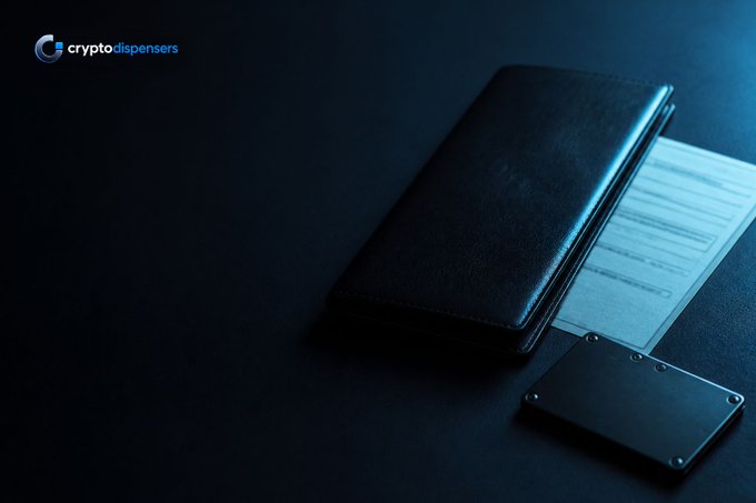 A dark, moody still-life image featuring a black leather wallet, a metal card holder, and papers on a dark surface, with a "cryptodispensers" logo in the top-left corner.
