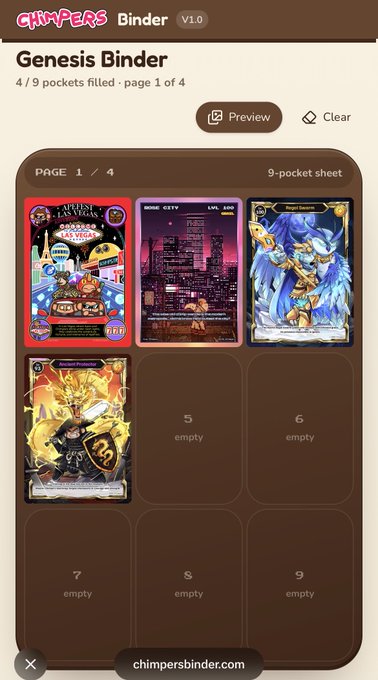 A screenshot of 'CHIMPERS Binder' website shows a 'Genesis Binder' page with 4 of 9 pockets filled, displaying fantasy-themed trading cards on a brown 9-pocket sheet layout.