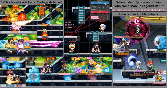 Screenshots and commentary from the game MapleStory showing a 3v3 Maple moba in 'The Legends Return' mode, with annotations noting 'ur boi da only 1 scored XD' and 'Loi nice try team XD.'