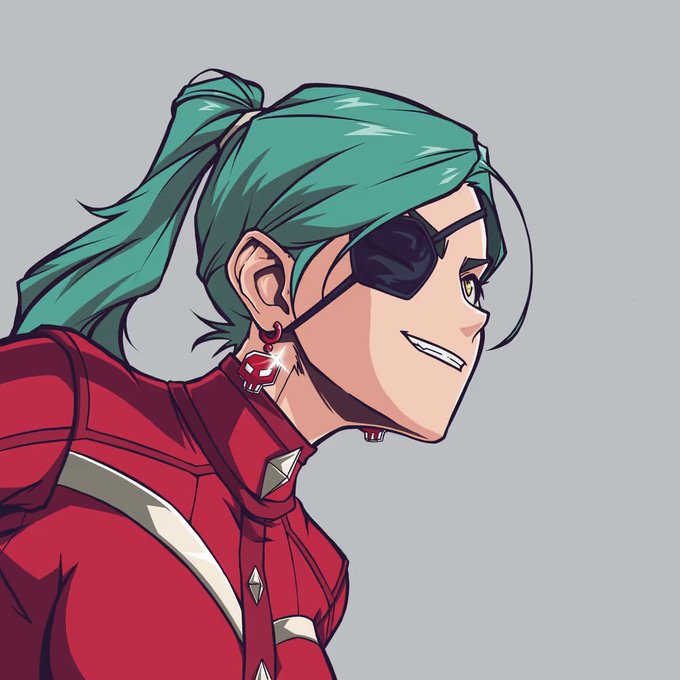 An anime-style illustration of a character with long teal hair tied back, wearing an eyepatch, red lipstick, and a red jacket with a heart-shaped earring.