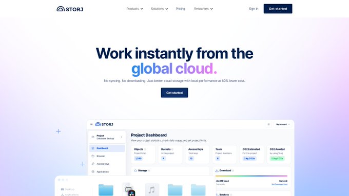 A Storj website homepage with the headline 'Work instantly from the global cloud.' and a dashboard preview showing project metrics and storage information.