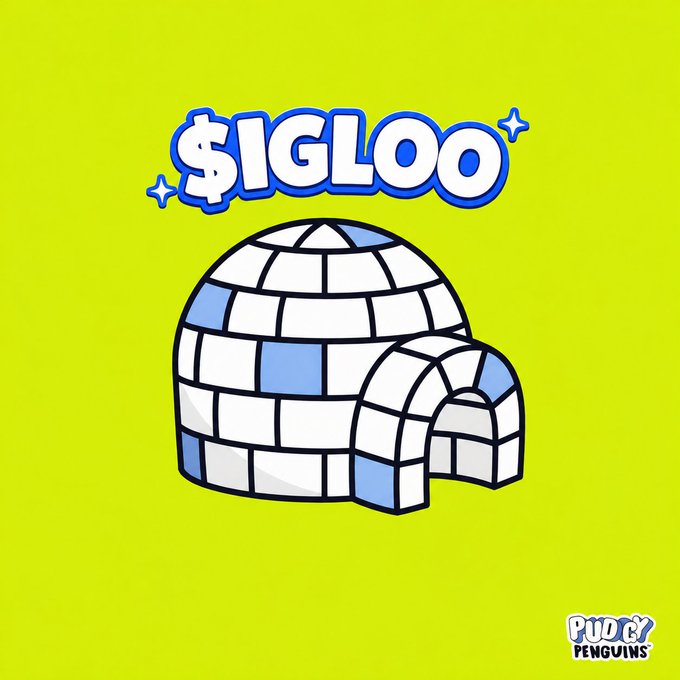A yellow graphic featuring a cartoon igloo made of white and blue ice blocks with the word '$IGLOO' in stylized blue bubble letters above it, branded with 'PUDU PENGUINS' logo.