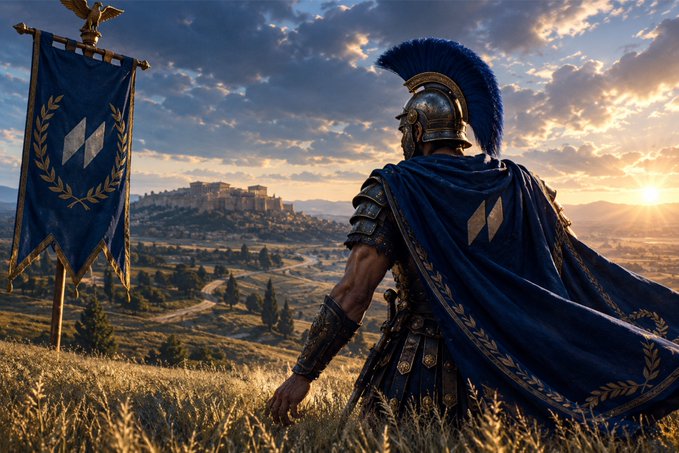 A digitally rendered ancient warrior in armor with a blue cape stands looking out over a landscape at sunset, with a blue banner bearing gold laurels nearby.