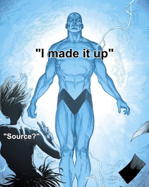 A blue-toned comic panel featuring a glowing muscular figure with a third eye labeled "I made it up" while a smaller character below asks "Source?"