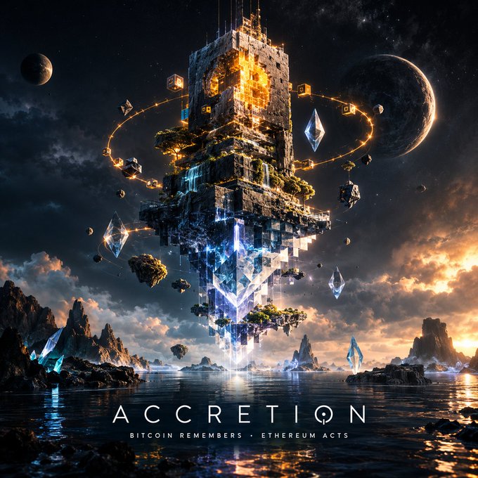 A sci-fi digital art piece titled 'ACCRETION' with the tagline 'BITCOIN REMEMBERS · ETHEREUM ACTS', depicting a towering crystalline structure floating above an ocean with planets in the background.