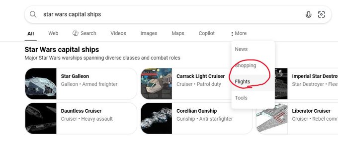 A Google search results page for 'star wars capital ships' showing various Star Wars warships like Star Galleon, Carrack Light Cruiser, and Dauntless Cruiser, with the 'Flights' option circled in red in the dropdown menu.