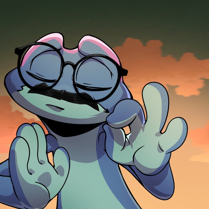 An illustrated cartoon frog character wearing round black sunglasses with pink ear accents poses against an orange sunset sky, holding its hands up in front of its chest.