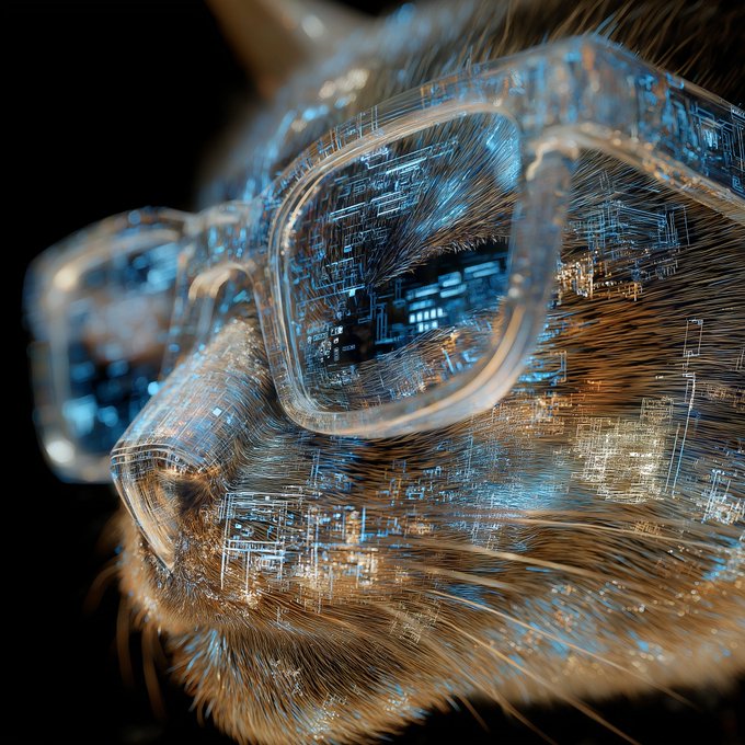 A highly detailed close-up of a feline or furry creature wearing transparent glasses, with intricate blue digital circuitry patterns overlaying its fur.