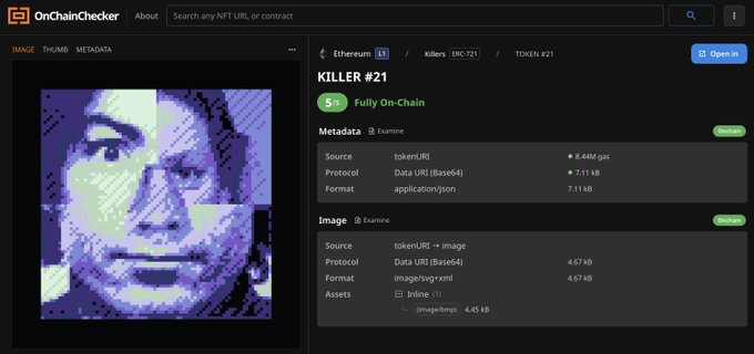 OnChainChecker interface showing NFT details for 'KILLER #21' (Killers ERC-721 Token #21) on Ethereum, marked as '5% Fully On-Chain' with metadata and image token URI details displayed.