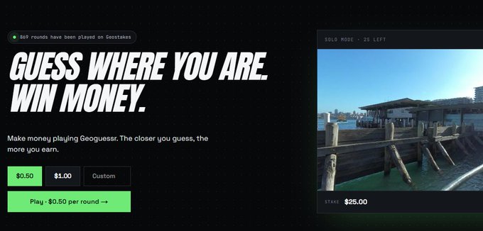 A promotional banner for Geoguessr betting site Geostakes reads "GUESS WHERE YOU ARE. WIN MONEY" with a play option starting at $0.50 per round, displaying a waterfront location image with "SOLD MODE • 25 LEFT" and a $25.00 stake, directly supporting the giveaway's call to follow @geostakes and sign up for a chance to win 1 SOL.