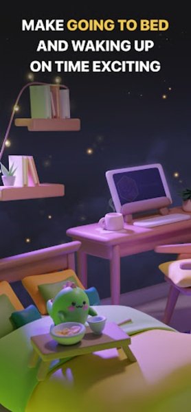 The image shows a cozy bedroom scene from the Sleepagotchi app, featuring a cute green character eating from a bowl on a bed tray, with text overlay reading "MAKE GOING TO BED AND WAKING UP ON TIME EXCITING." The whimsical, pixel-art aesthetic visually reinforces the post's message about gamifying healthy sleep habits through the project's AI-powered sleep platform.