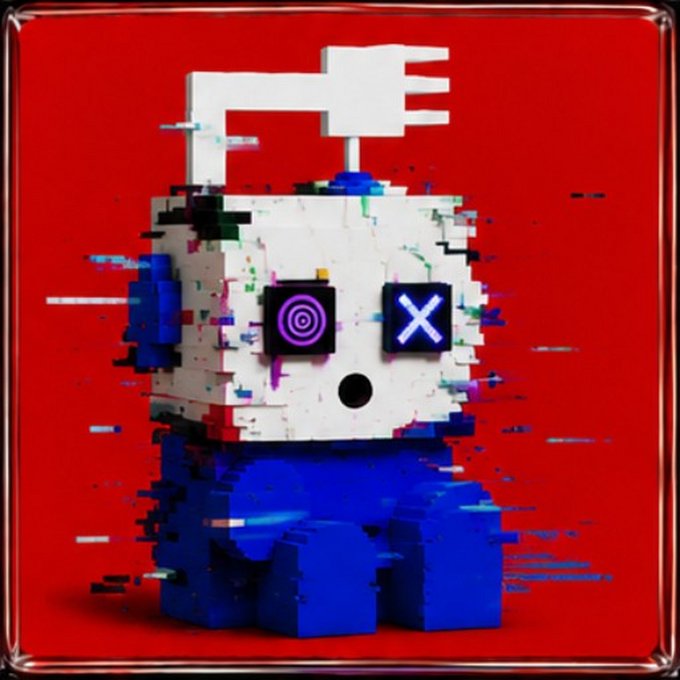 A pixelated 3D character with a white blocky head, blue body, a white flag on top, and glitchy visual distortion effects, featuring a spiral purple eye on one side and an 'X' eye on the other, set against a red background.