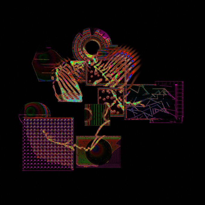 An abstract neon-colored digital artwork on a black background with glowing multicolored geometric patterns, grids, and flowing lines.