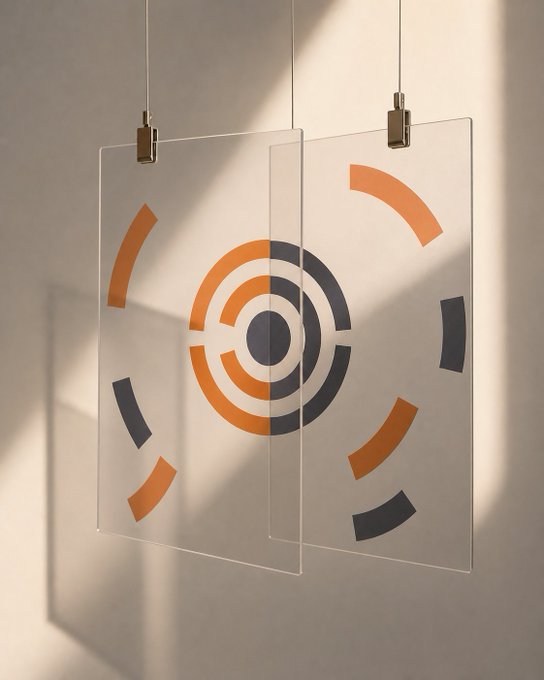 Two clear acrylic panels hang from thin wires against a softly lit wall, displaying a geometric target design of concentric orange and navy blue rings. The overlapping panels split the centered bullseye motif in half, visually echoing the post's message about things "lining up."