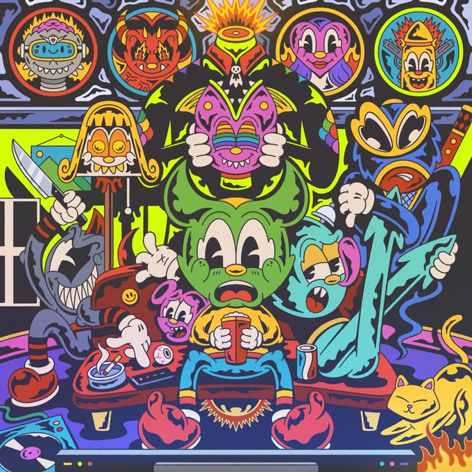 A vibrant, colorful digital illustration featuring a chaotic assembly of cartoonish characters, demons, cats, and creatures gathered around a central figure, set against a black background with bright neon accents.