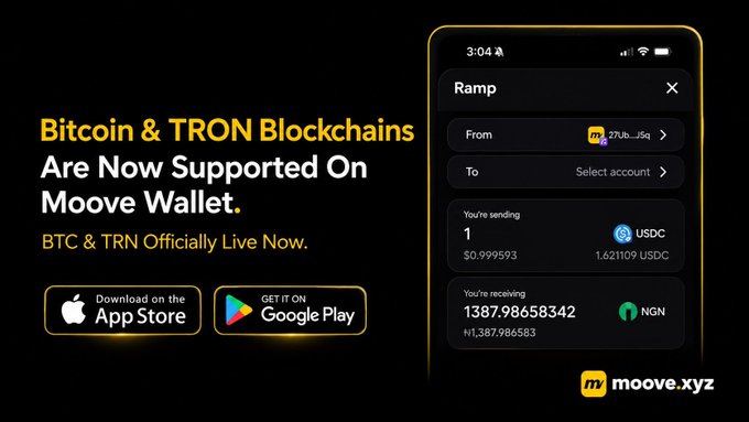 An advertisement for Moove Wallet announcing that Bitcoin & TRON blockchains are now supported, displaying a smartphone interface for currency exchange from USDC to NGN, with App Store and Google Play download links.
