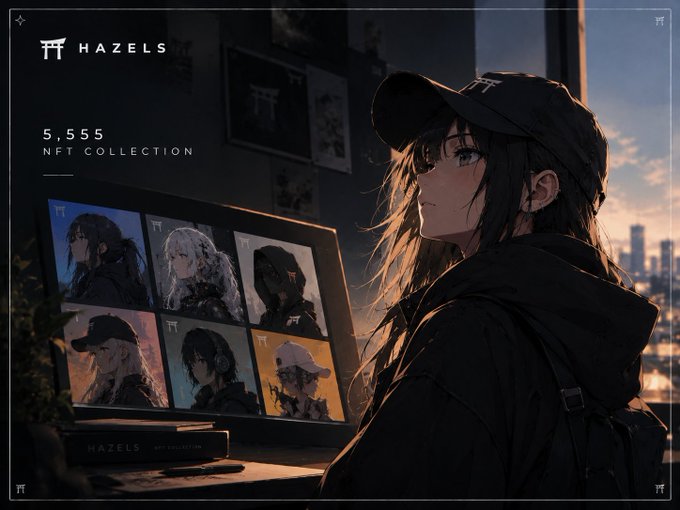 An anime-style promotional image for the 'HAZELS' NFT Collection showing 5,555 items, featuring an anime girl in a black cap standing next to a monitor displaying various character portraits.