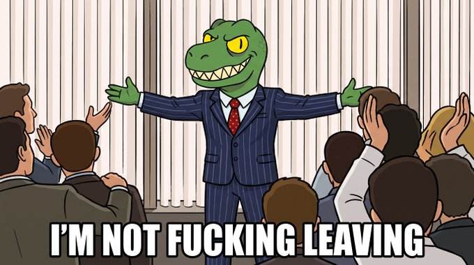 A cartoon frog in a pinstripe suit with arms outstretched stands before a cheering crowd, with the caption 'I'M NOT FUCKING LEAVING'.