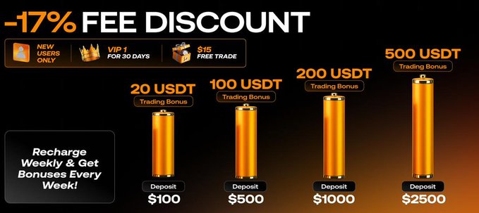 The image is a BloFin exchange promotional banner offering a 17% fee discount for new users with VIP 1 status for 30 days and a $15 free trade, alongside four tiered weekly recharge bonuses ($20, $100, $200, and $500 USDT) for deposits of $100, $500, $1000, and $2500 respectively. The promotional offer complements the post by incentivizing users to deposit funds through the referral link, combining fee discounts with recurring deposit bonuses to reward trading activity.