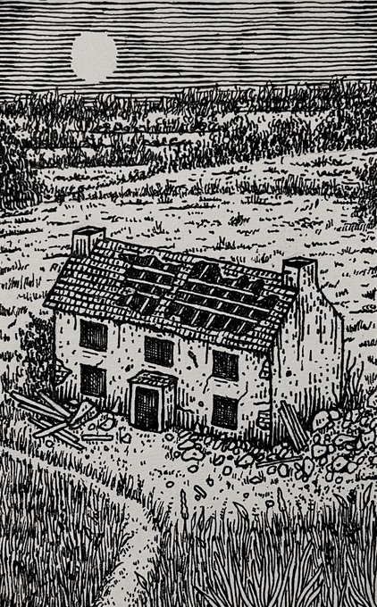 Black and white pen-and-ink style illustration of an old, ruined house in a desolate landscape under a setting sun or moon.