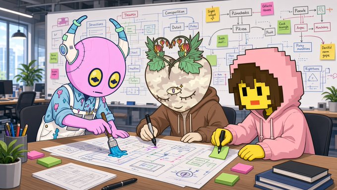 Three cartoon-style characters—a pink alien-like creature, a figure with a grape cluster head, and a person in a pink hoodie—collaborate on sketches and diagrams at a desk covered in sticky notes.